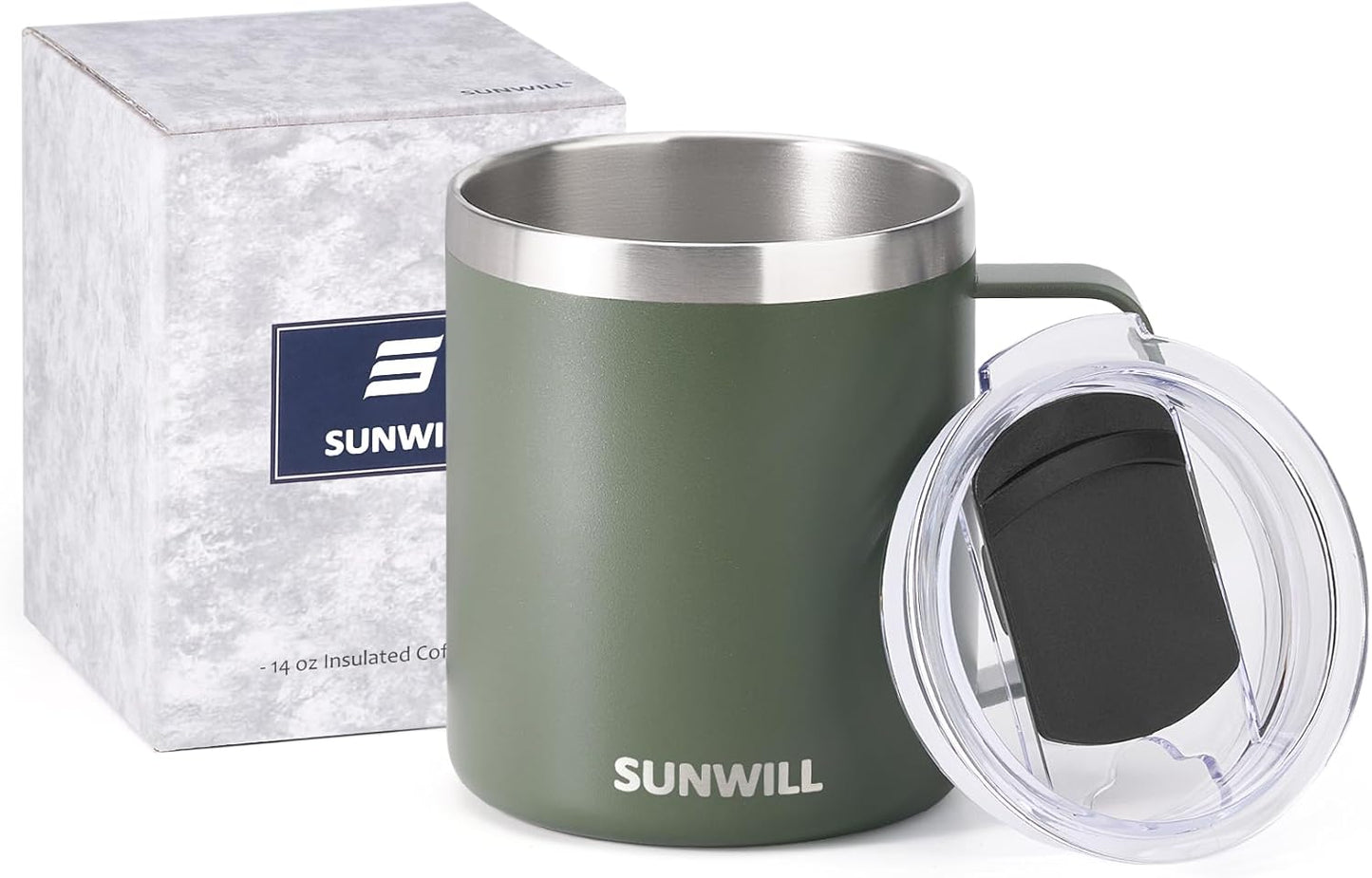SUNWILL Travel Coffee Mug with Lid, Insulated Tumbler with Handle, 14 oz Stainless Steel Cup for Home, Office, Camping, Powder Coated Camp Green