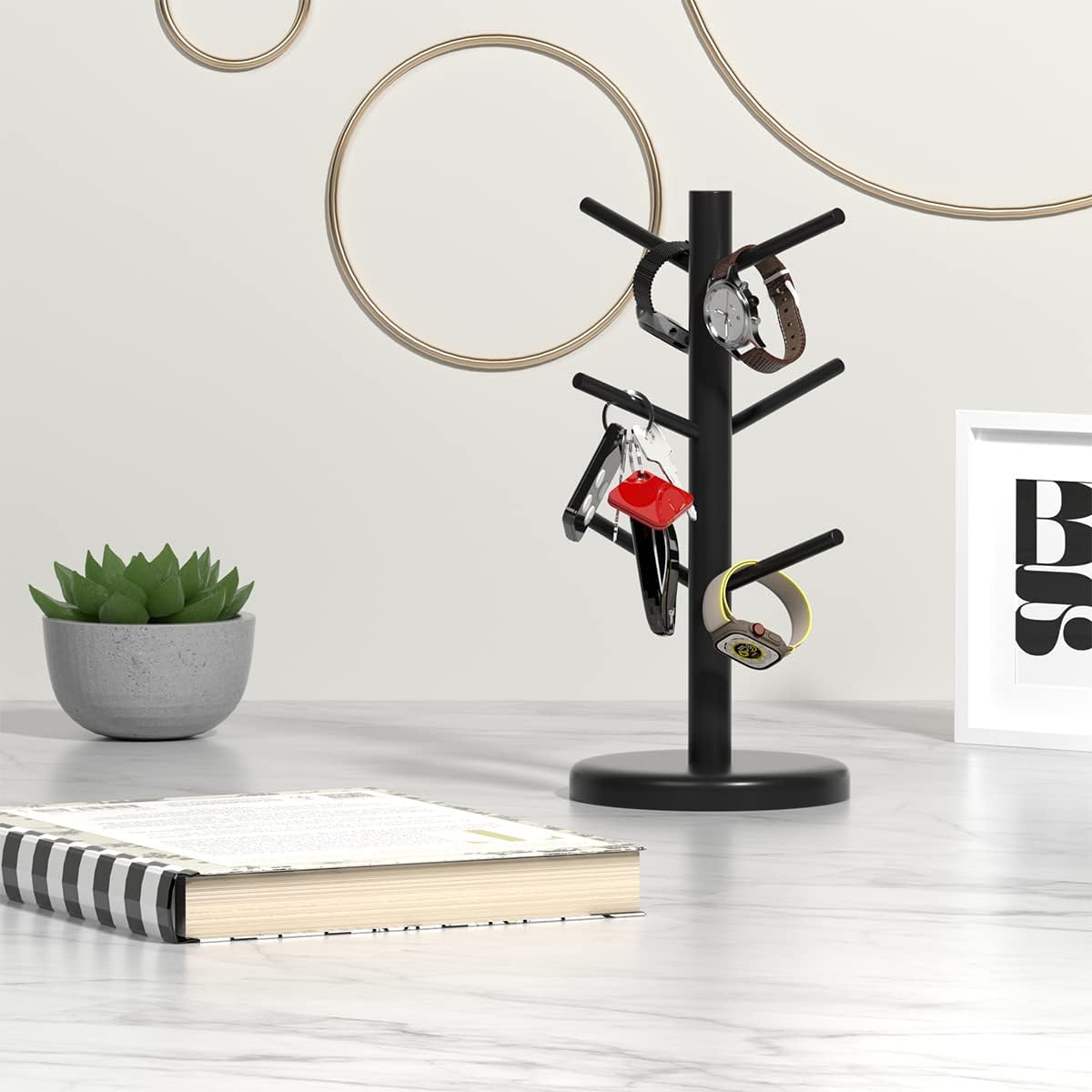 Dorhors Mug Holder Tree,Coffee Cup Holder with 6 Hooks, Wood Mug Rack for Counter,Coffee Bar Accessories and Orgnizer Station,Black