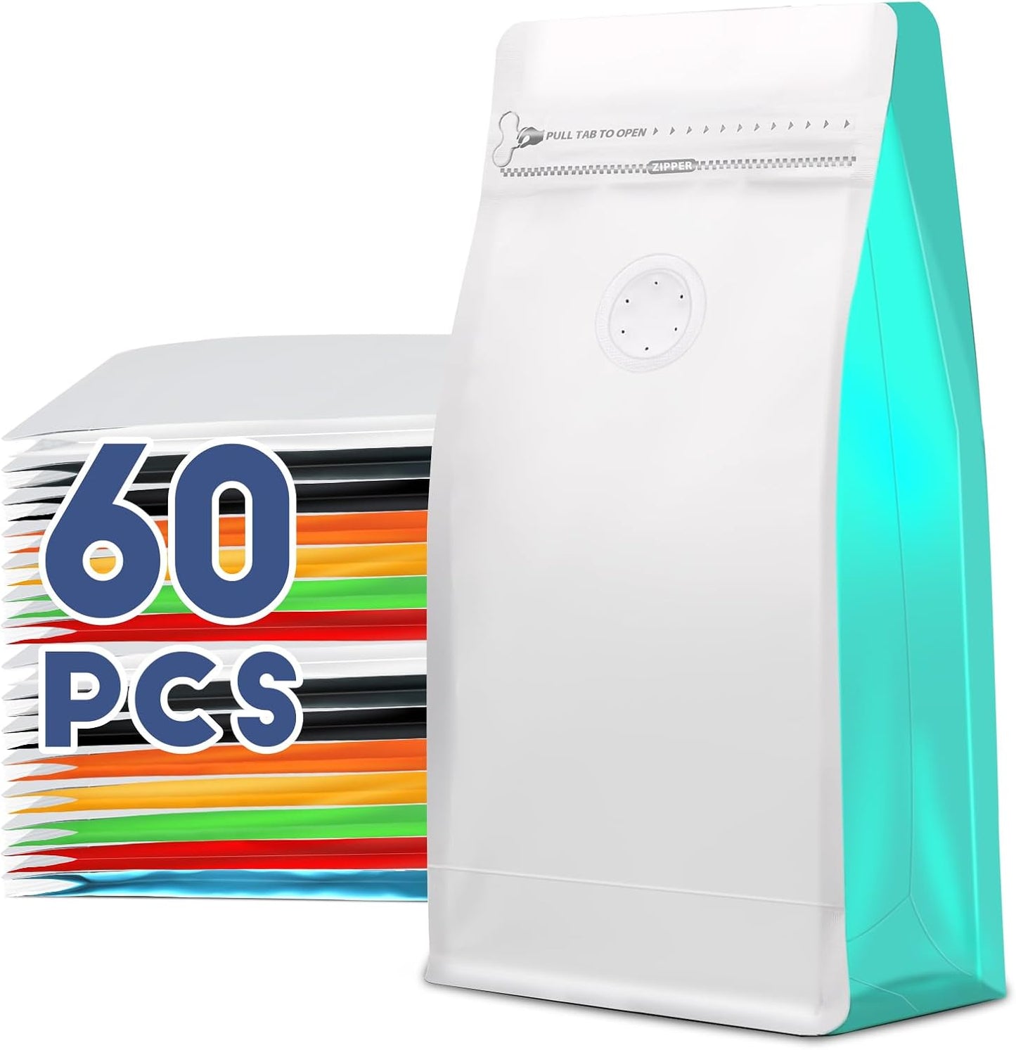 Coffee Bags with Valve(60pcs,16 oz,1 lb) Vented Coffee Beans Packaging Bags High Barrier Aluminumed Foil Flat Bottom Heat Sealed Side Zipper Resealable Storage Bag for Home or Business (White+Blue）