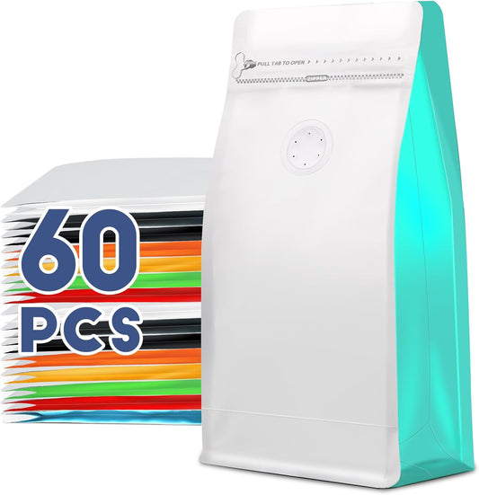 Coffee Bags with Valve(60pcs,16 oz,1 lb) Vented Coffee Beans Packaging Bags High Barrier Aluminumed Foil Flat Bottom Heat Sealed Side Zipper Resealable Storage Bag for Home or Business (White+Blue）