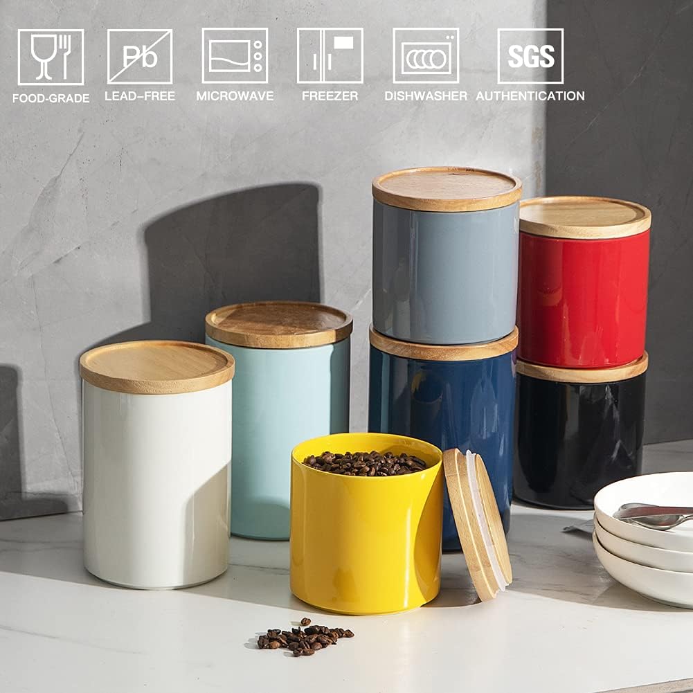 Sweejar Kitchen Canisters Ceramic Food Storage Jar, Stackable Containers with Airtight Seal Wooden Lid for Serving Coffee Bean, Flour, Tea, Spice and More - 39 Fl Oz (Navy)