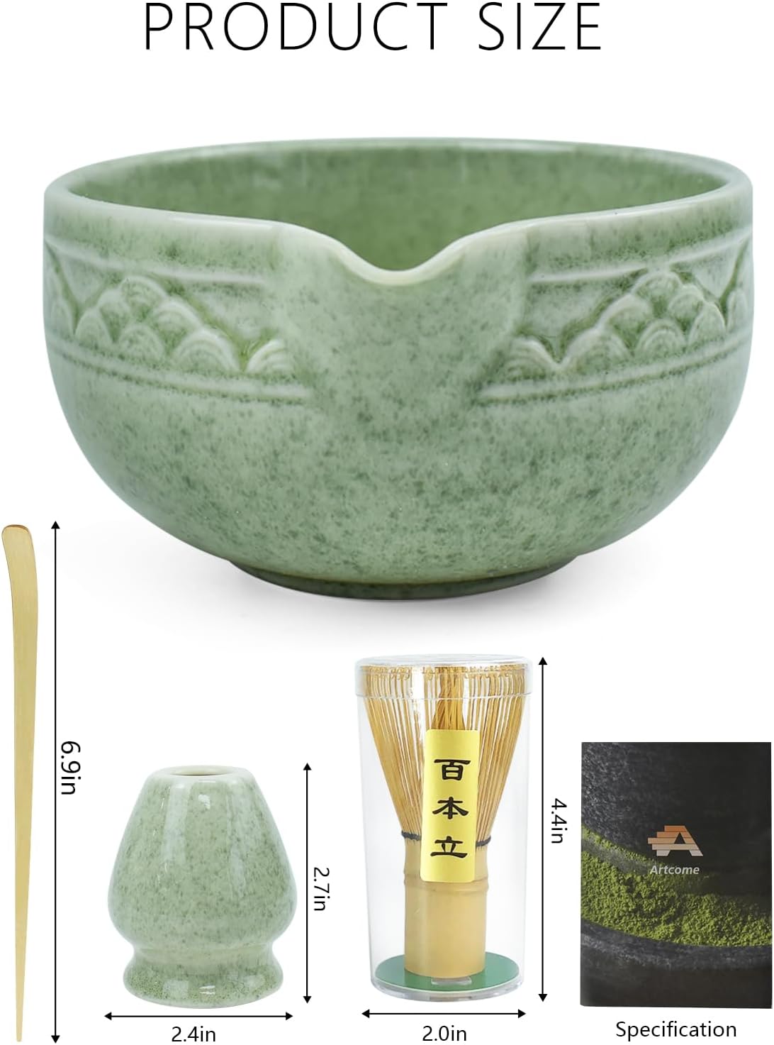 Artcome Matcha Tea Set with Pouring Spout - Green Ceramic Matcha Bowl, Bamboo Whisk, Whisk Holder, Tea Scoop & Matcha Tea Manual for Traditional Japanese Tea Ceremony - Ideal for Gift - Light Green