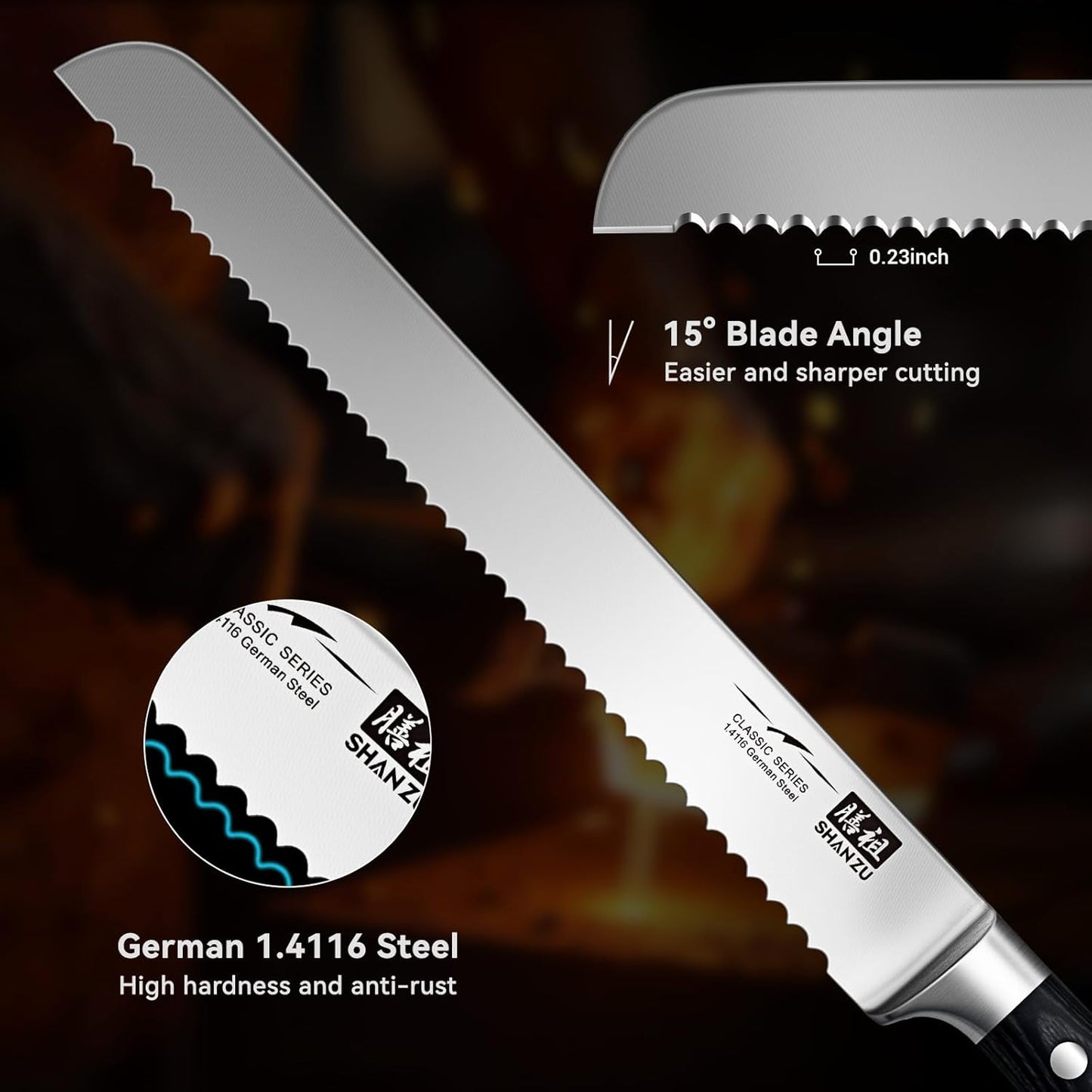 SHAN ZU 10" Bread Knife - Sourdough Slicing Knife Professional German 1.4116 Stainless Steel Serrated Blade, Ergonomic Wood Handle & Full Tang Design, Gift Box Included (Single-Edge