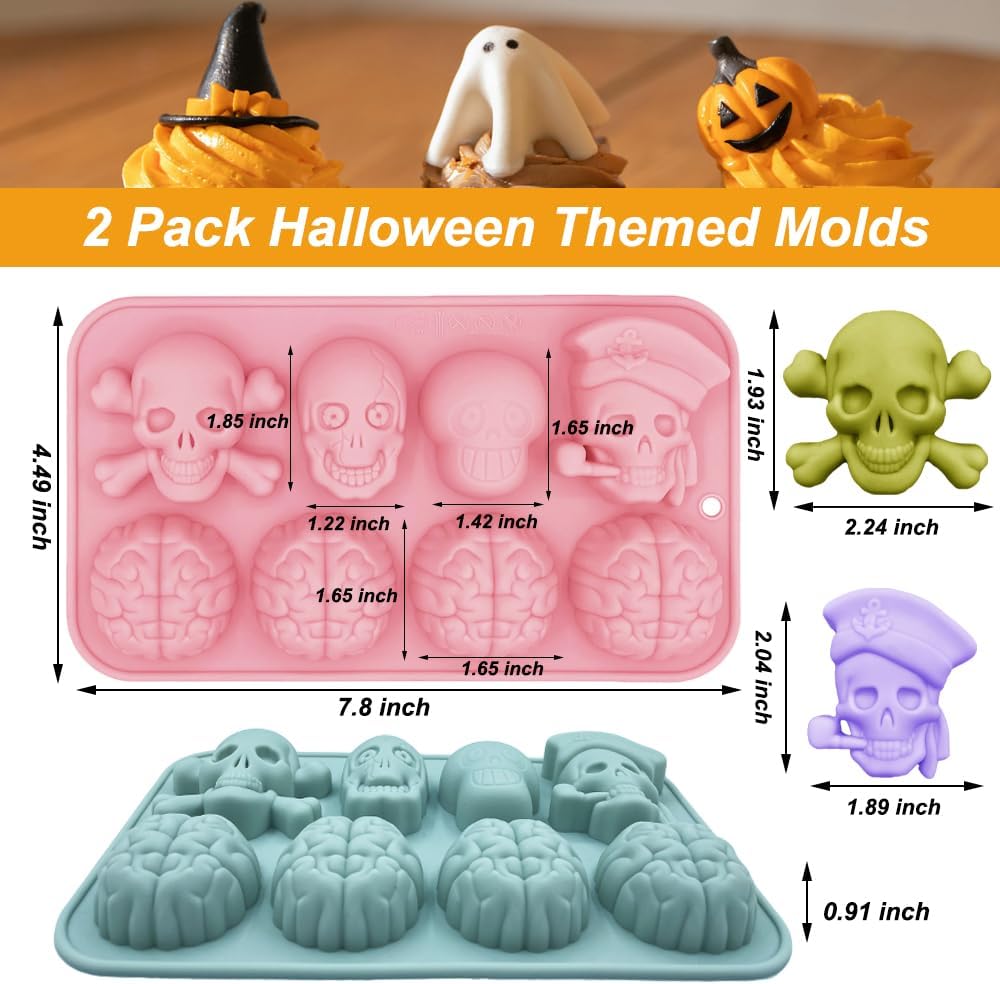Halloween Chocolate Mold Silicone,2pcs Cavity Candy Gummy Mold with Skull and Brain for Baking Chocolate Jelly Gummy Desser