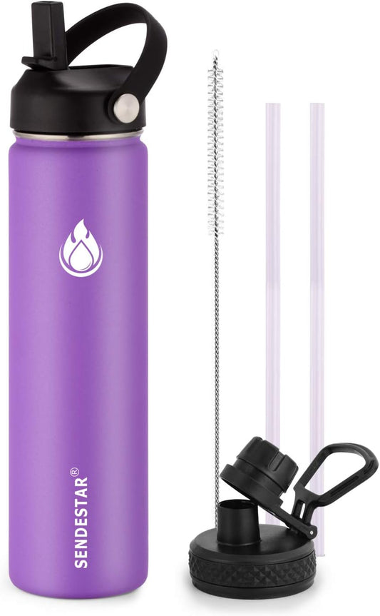 SENDESTAR Stainless Steel Water Bottle, Wide Mouth Water Bottle 24 oz with Straw Lid, Spout Lid, Double Wall Vacuum Insulated Leak Proof, Keeps Liquids Hot or Cold (Violet)