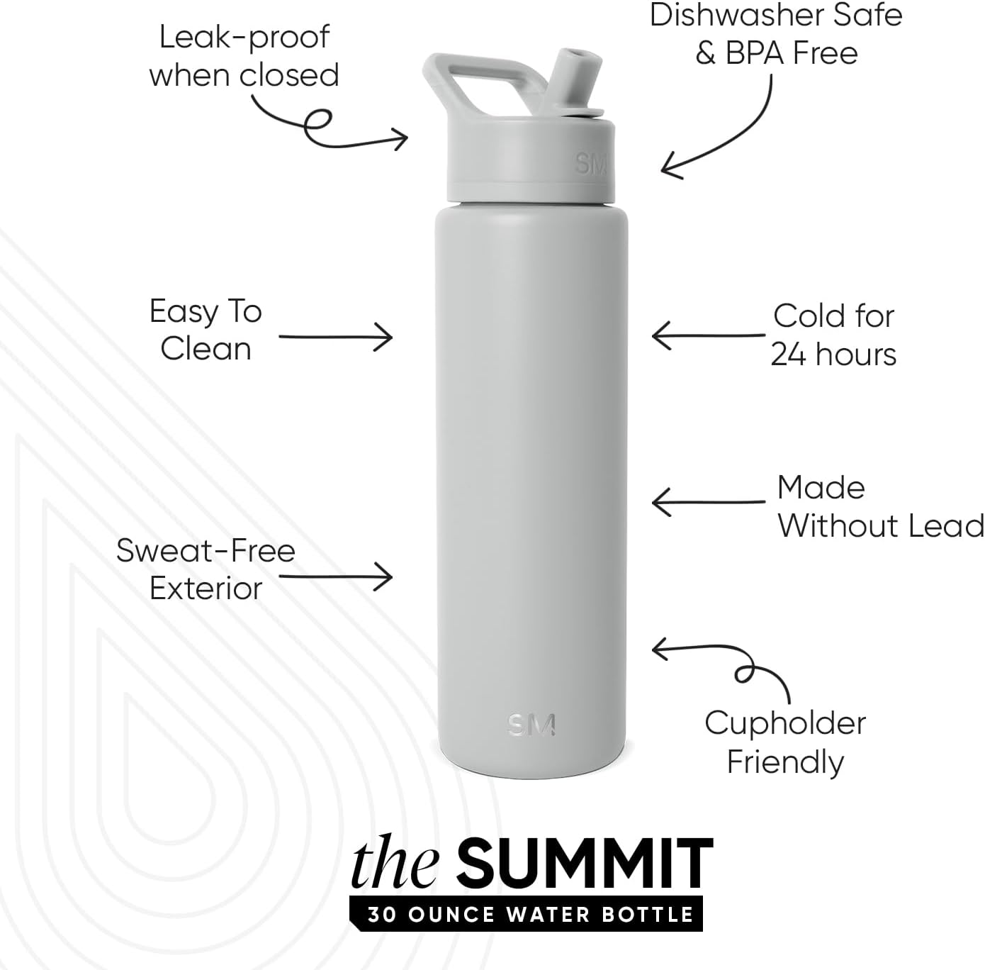 Simple Modern Water Bottle with Straw Lid | Vacuum Insulated Stainless Steel Metal Thermos | Reusable Leak Proof BPA-Free Flask for Sports Gym | Summit Collection | 30oz, Ice Gray