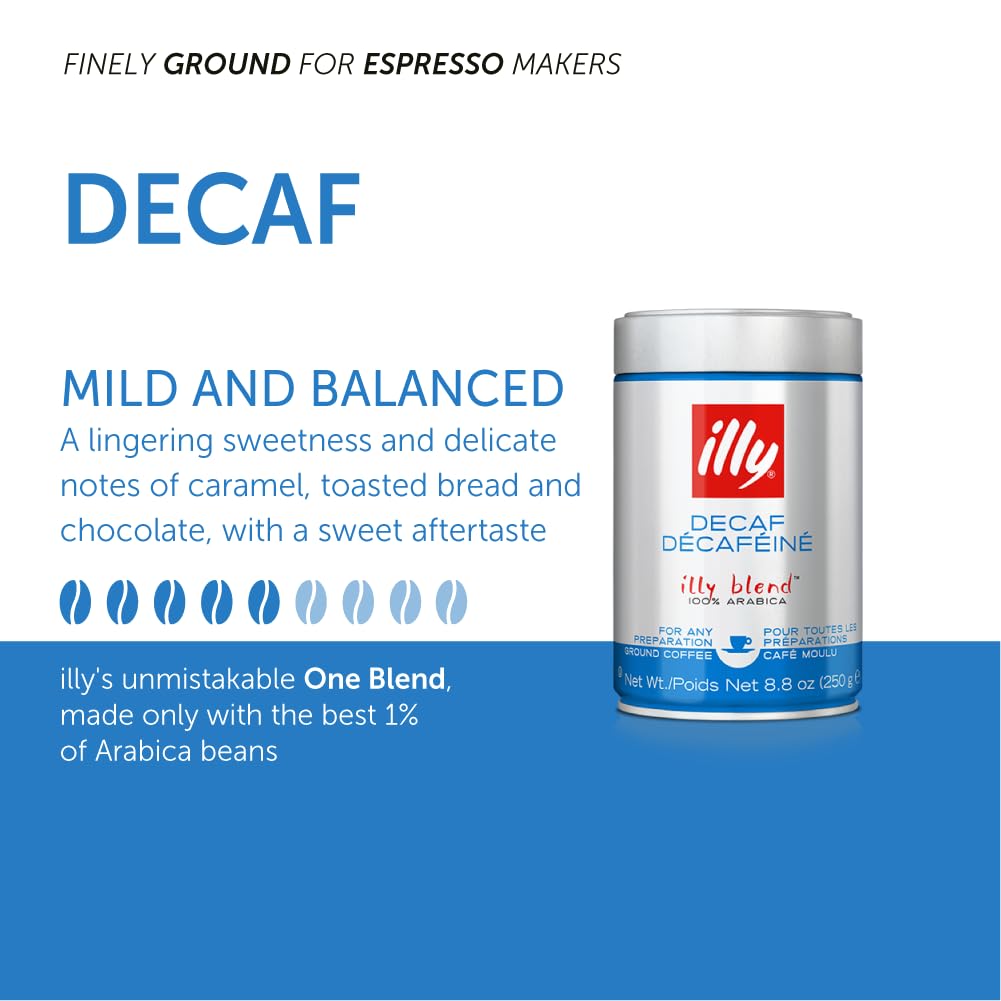 Illy Ground Espresso Coffee, Decaffeinated - Medium Roast - Mild & Balanced - 100% Arabica - Pressurized Packaging Sealed for Freshness - 8.8oz (Pack of 6)