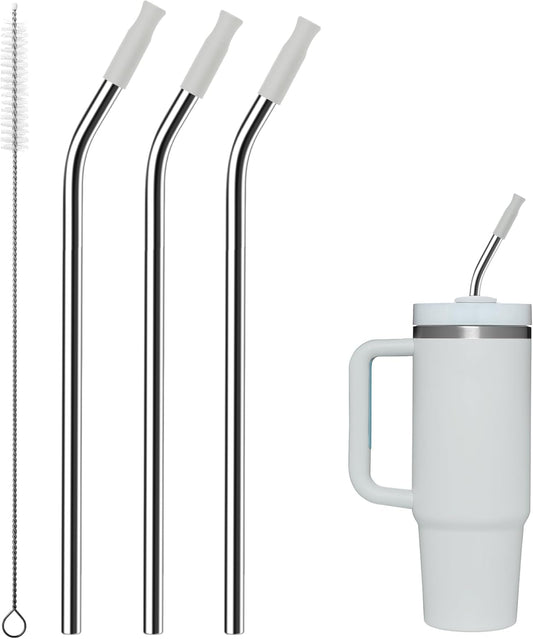 Reusable Stainless Steel Straws with Silicone Tip for Stanley 30oz, Metal Drinking Straws for 30oz Tumbler,3 Bent Tubes & 6 Tips& 1 Cleanr Brush (Ash)
