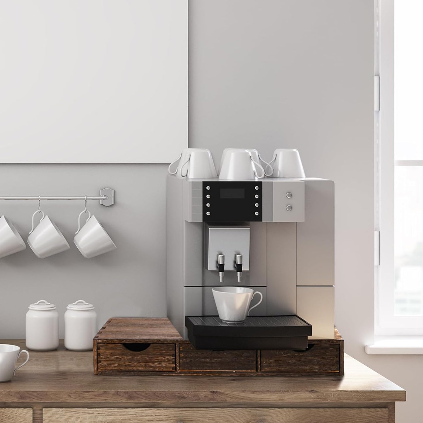 Suzile Coffee Pods Storage Holder Cabinet Vintage Countertop Storage Drawers Wooden Cup Organizer Under Brewe for Home Office Accessories(3 Drawer)