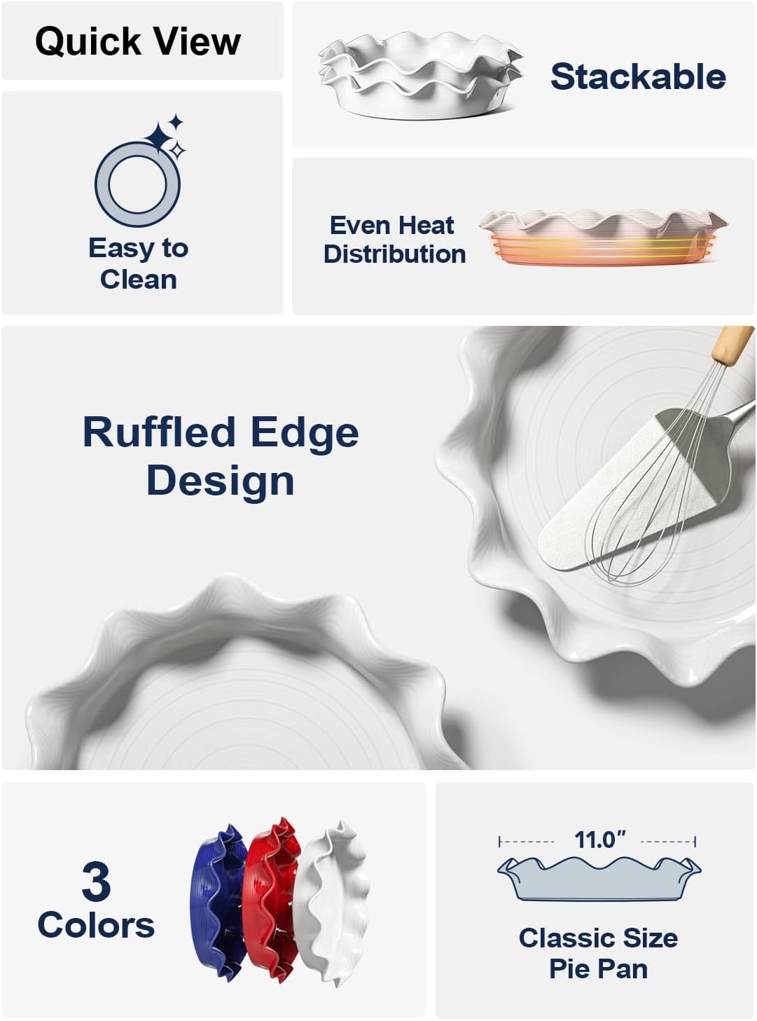 LE TAUCI Ceramic Pie Pans for Baking, 11 Inches Deep Dish Pie Plate for Apple Pie, Pot Pie, 48 Ounce Baking Dish with Ruffled Edge, Set of 2, White