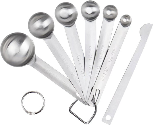 Upgrade Stainless Steel Measuring Spoons Set, Small Tablespoon, Teaspoons, Set 6 with Bonus Leveler, Etched Markings and Removable Clasp for Dry and Liquid, Fits in Spice Jars