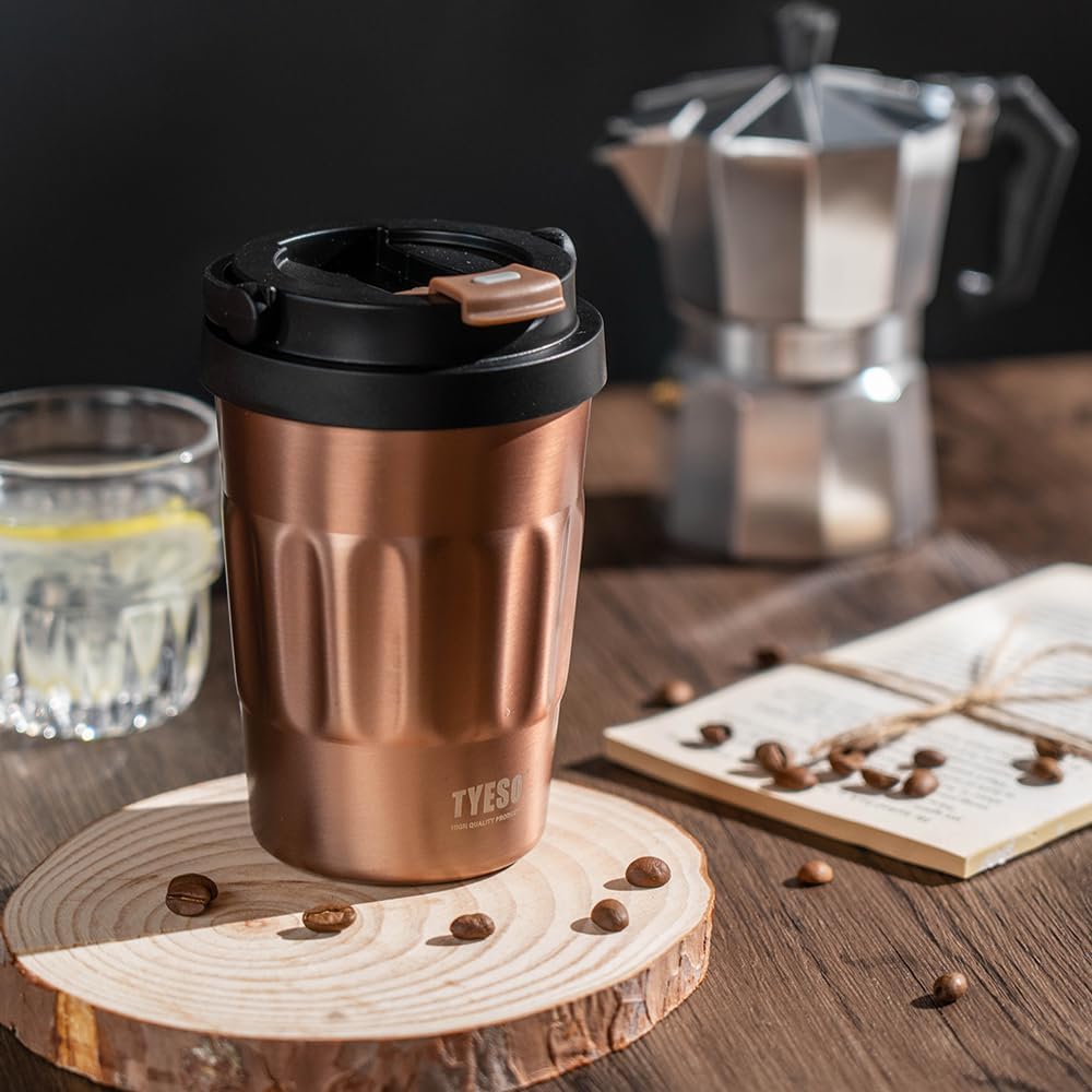 TYESO Stainless Steel Portable Tumbler with Flip Lid,Travel Mug with Concealed Carry Handle, Leakproof Insulated Coffee Cup (GRAY, 13 OZ)