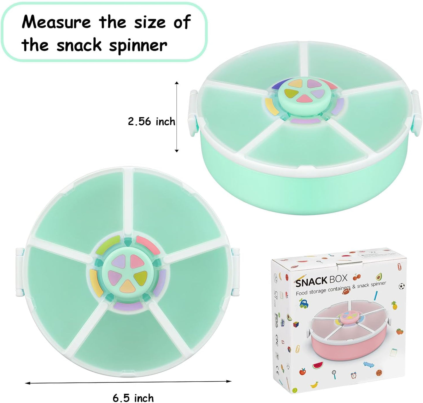 Kids Reusable Rotating Snack Container with 5 Separate Compartments, Color Matching Opening Lid,BPA/PVC-Free, Dishwasher Safe, Perfect for Travel, School Lunches & On-the-Go Snacking-Green