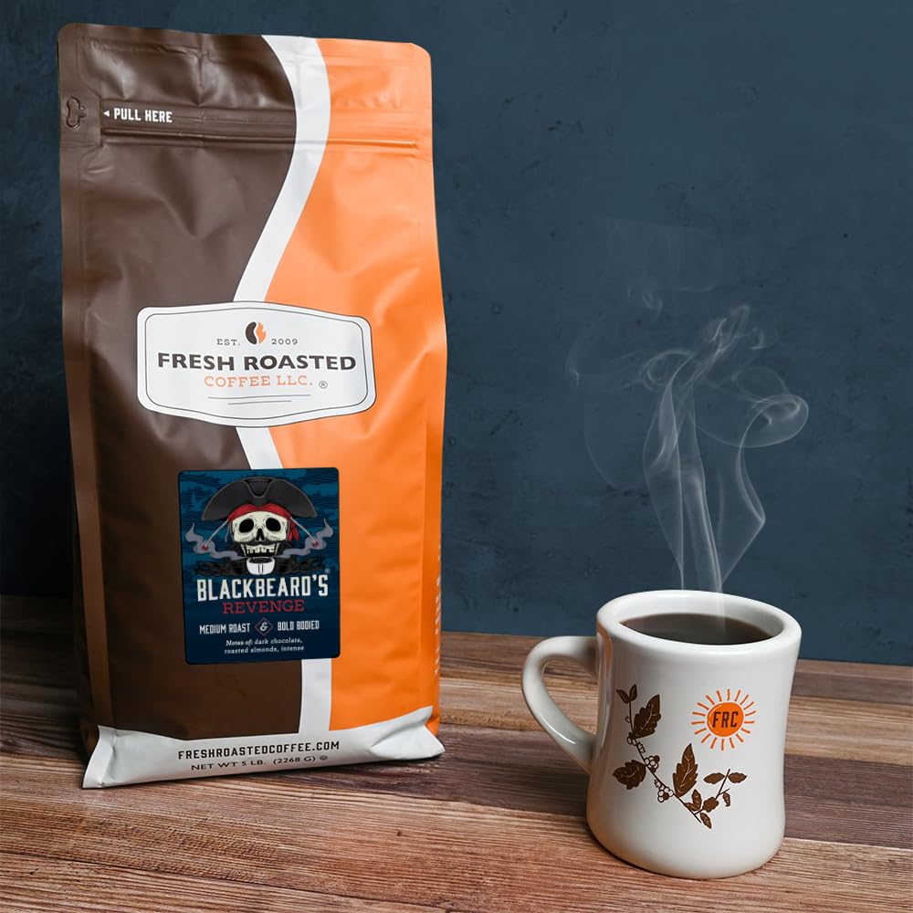 Fresh Roasted Coffee, Blackbeard's Revenge, 5 lb (80 oz), Medium Roast, Kosher, Whole Bean