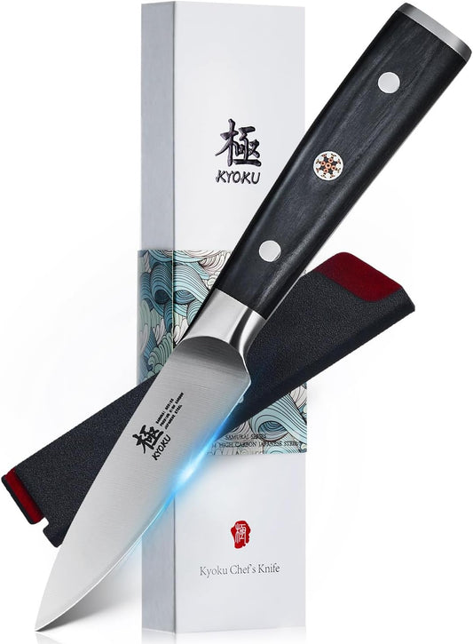 KYOKU 3.5" Paring Knife, Samurai Series Peeling Knife with Pakkawood Handle, Japanese High Carbon Steel Sharp Knife, Full Tang Small Kitchen Knife for Fruit Peeling & Slicing with Sheath and Case