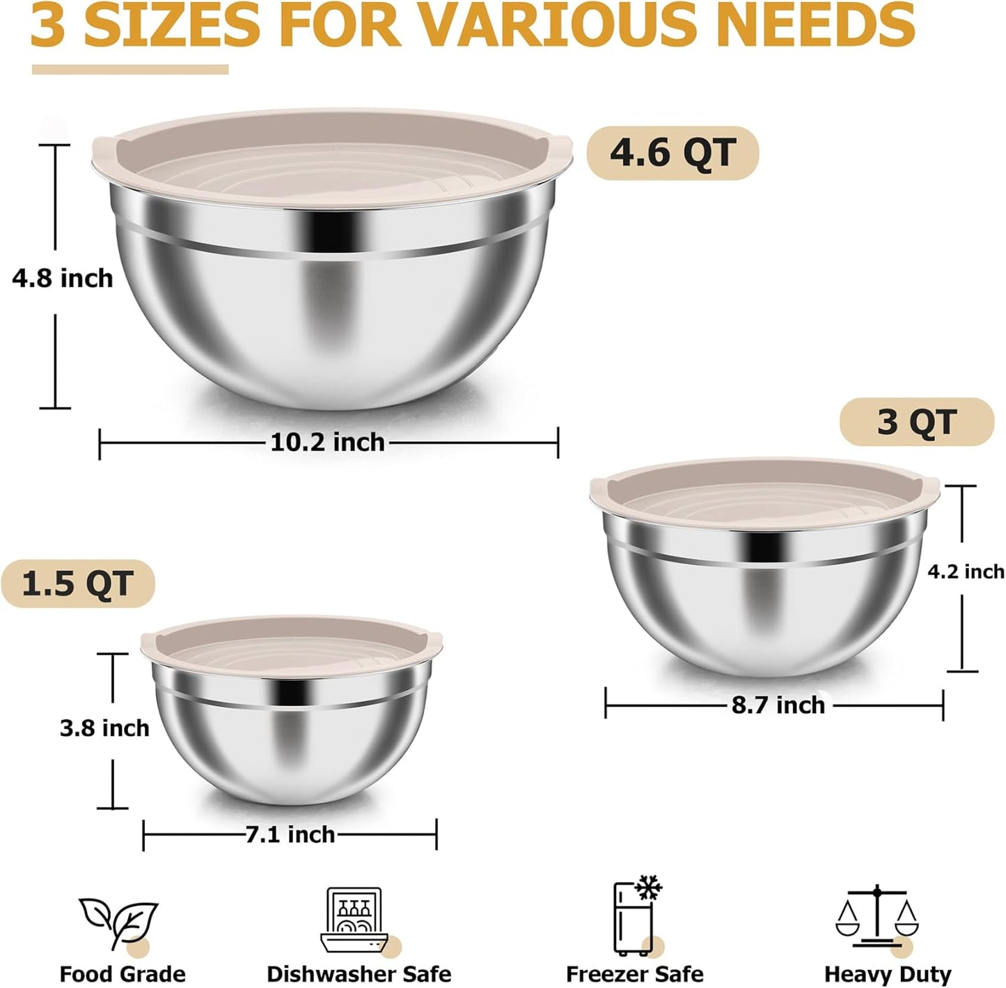 TeamFar Mixing Bowls, Stainless Steel Nesting Salad Bowls with Airtight Lids Set, For Serving/Mixing/Storing, Rust-proof & Heavy Duty, Dishwasher Safe, Set of 3-4.6/3 / 1.5 QT, Khaki