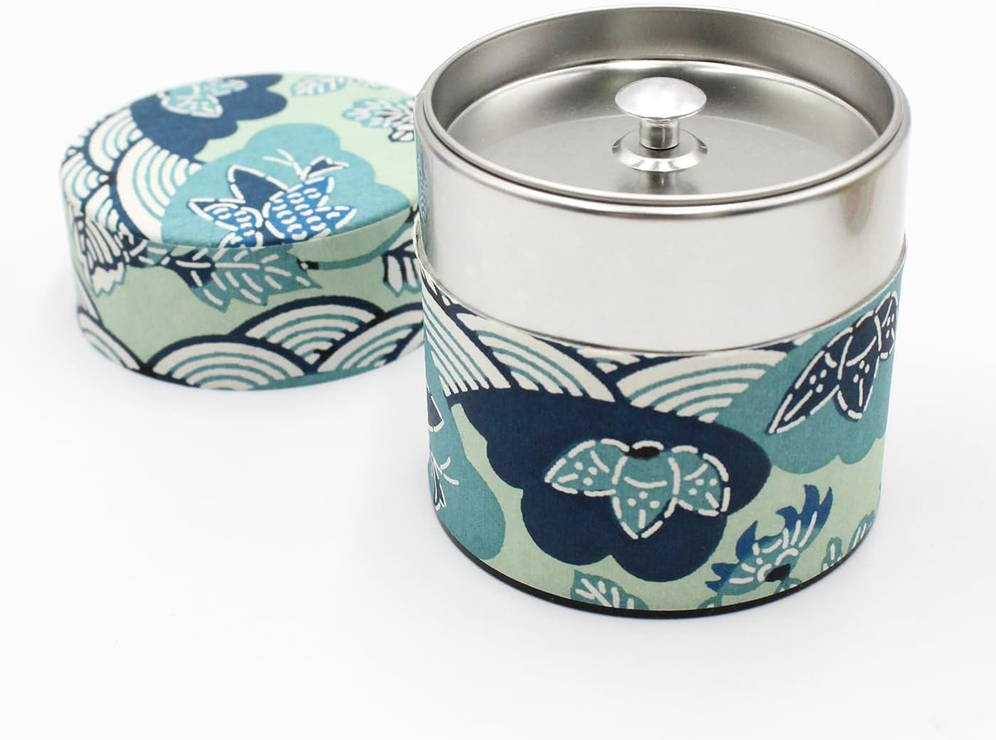 Japanese Pokkan Coffee Spice Tea Tin Canister Washi Paper Storage with Lid 7.05 oz Capacity (Shiki Seigaiha, S)