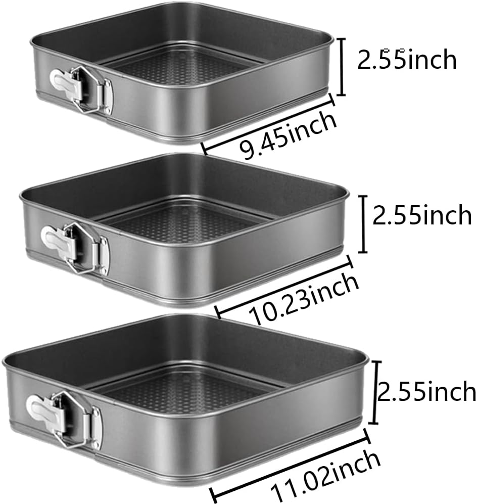 Springform Cake Pan Set of 3 (9.5, 10, 11 Inch) Square Baking Pans Nonstick Cheesecake Pans with Removable Bottom Bakeware for Cake, Cheesecakes, Pizza, and Quiches