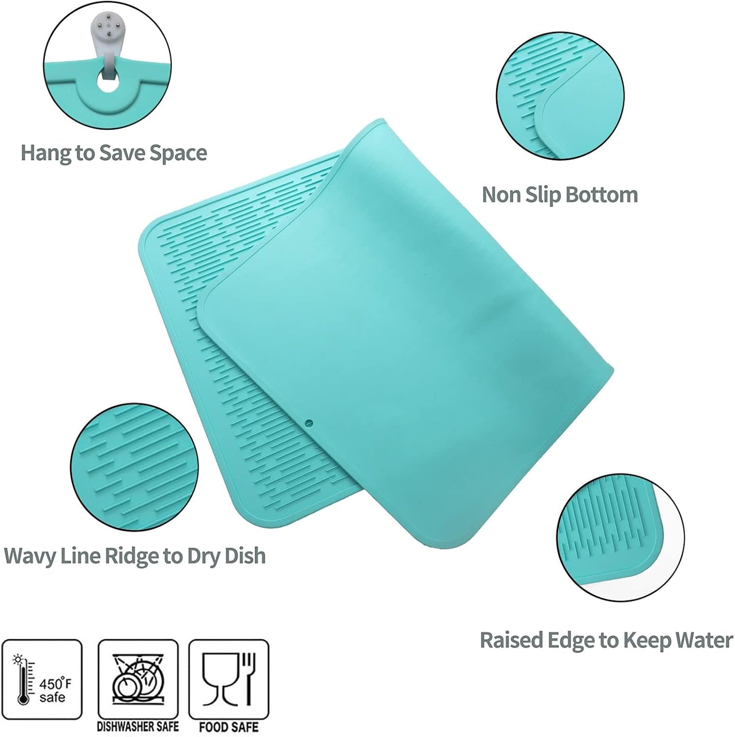 Silicone Dish Drying Mat for Multiple Usage,Easy clean,Eco-friendly,Heat-resistant Silicone Mat for Kitchen Counter or Sink,Refrigerator or Drawer Liner Mint 4XL 32 inches x 18 inches