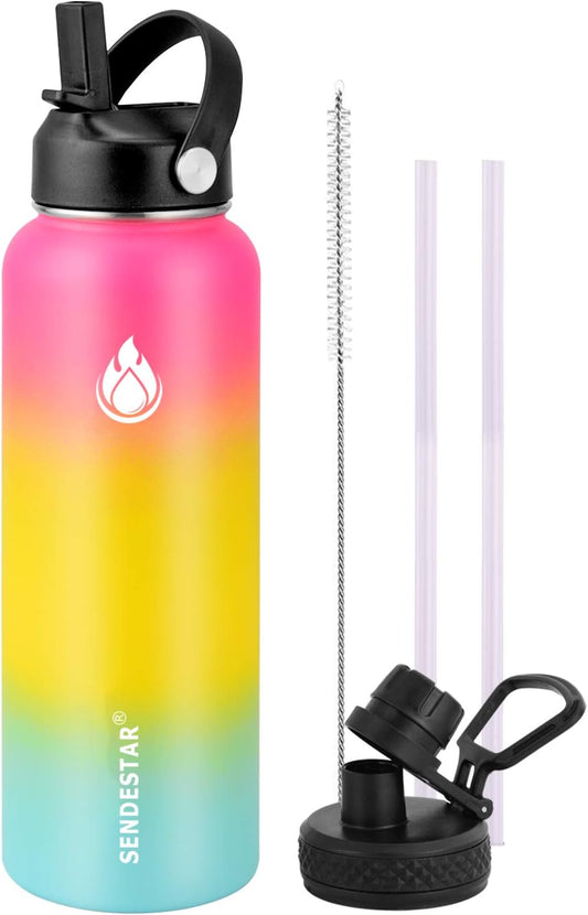 SENDESTAR Water Bottle 40oz Double Wall Vacuum Insulated Leak Proof Stainless Steel Sports Water Bottle—Wide Mouth with New Flex Straw Lid & Spout Lid (Sobert)