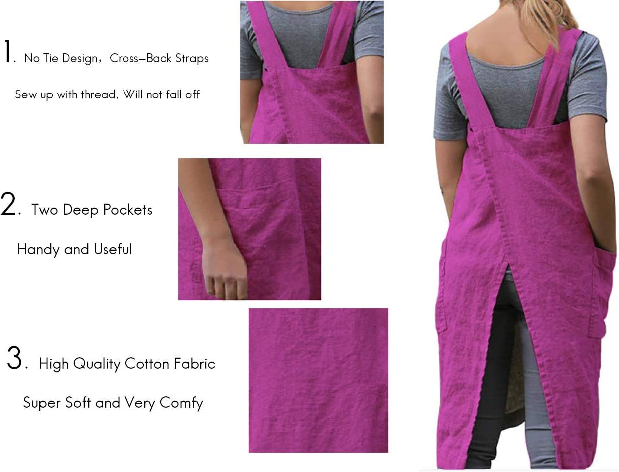 Women's Pinafore Square Apron Baking Cooking Gardening Works Cross Back Cotton/Linen Blend Dress with 2 Pockets