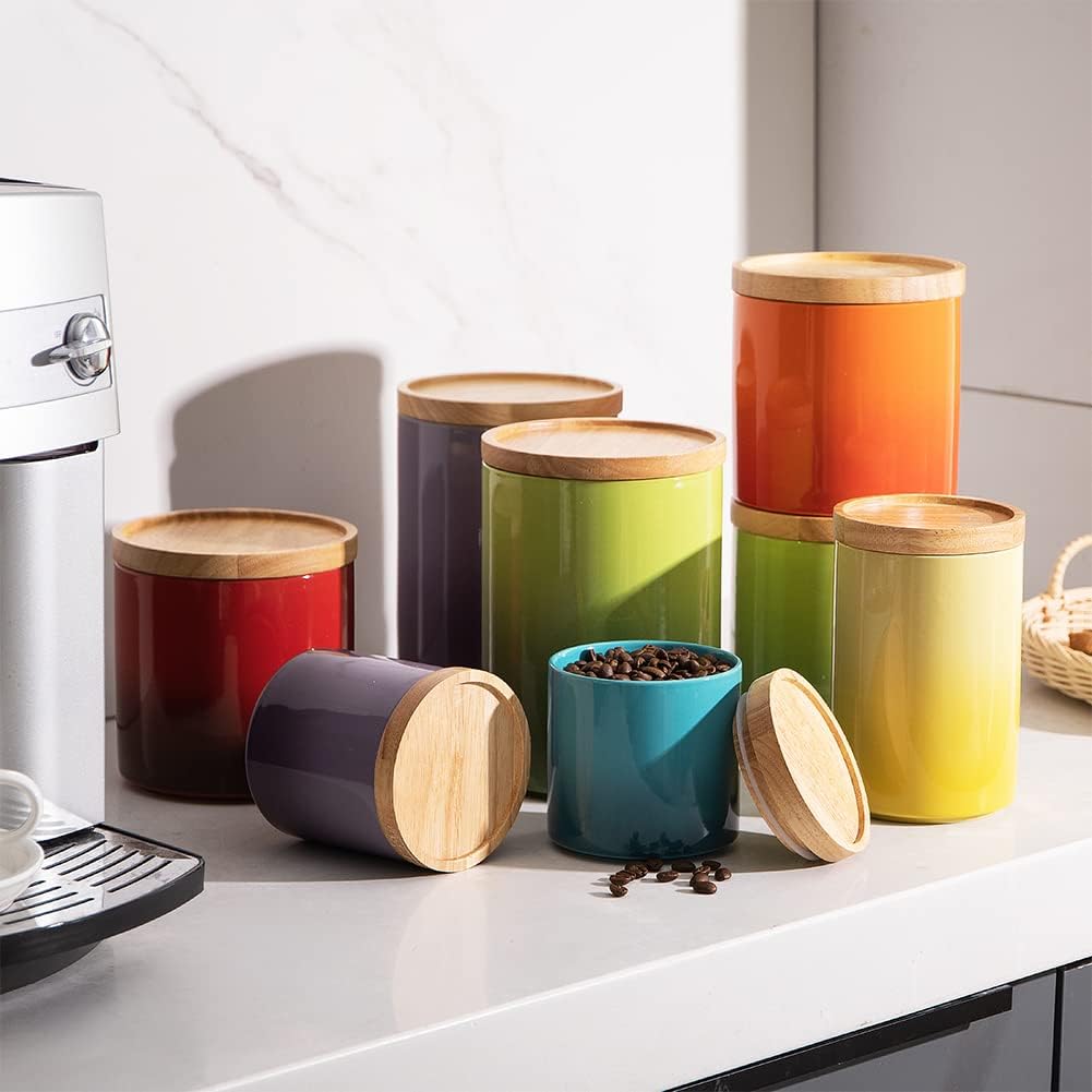 Sweejar Ceramic Food Storage Jar, Stackable Kitchen Canisters, Containers with Airtight Seal Wooden Lid for Serving Ground Coffee, Tea, Sugar, Salt and More - 16 Fl Oz (Gradient Blue)…