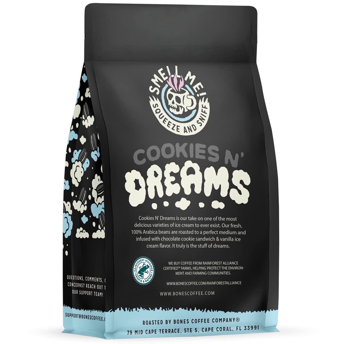 Bones Coffee Company Cookies 'N Dreams Cookies and Cream Flavored Coffee, Medium Roast Low Acid Arabica Beans Compatible with Auto drip and French Press Coffee Maker, 12 Oz Ground