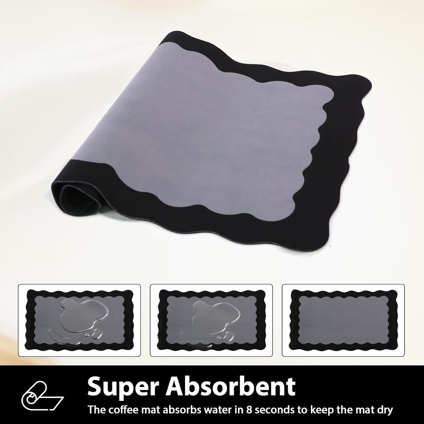 Scalloped Coffee Bar Mat for Countertop, Cute Dish Drying Mats for Kitchen Counter, Diatomite Absorbent Mat for Coffee Station, Kitchen Aesthetic Decor (12"x19", Black)