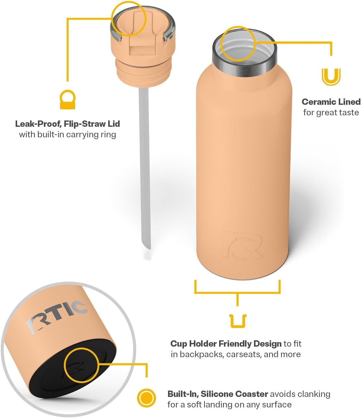 RTIC 16oz Journey Bottle Metal Stainless Steel Vacuum Insulated, BPA Free, Reusable, for Water, Hot and Cold Drinks, Travel, Sports, Camping, Peach Tea
