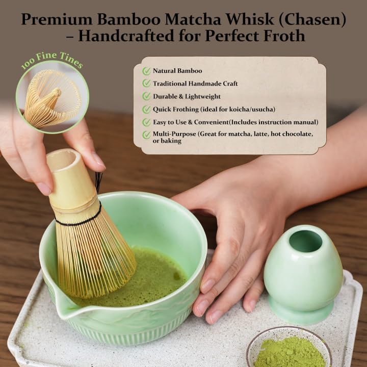Matcha Bowl and Whisk Set 7PCs Includes Fuji Design 17oz Ceramic Bowl Whisk Holder Bamboo Spoon and Rest Sifter Tea Towel Matcha Kit for Ceremony Blue Matcha Tea Set for Making Breakfast Latte