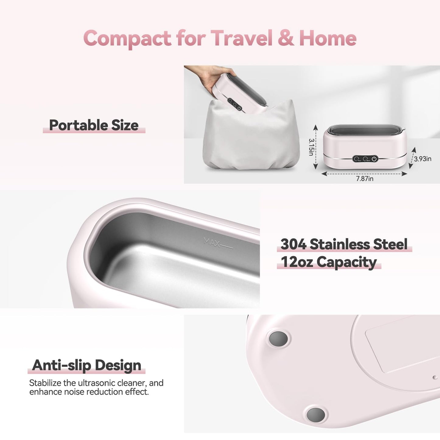 Ultrasonic Jewelry Cleaner, Upgraded 48KHz Ultrasonic Cleaner Machine with 304 Stainless Steel for Jewelry, Eyeglasses, Rings, Dentures, Watch Strap（Light Pink）