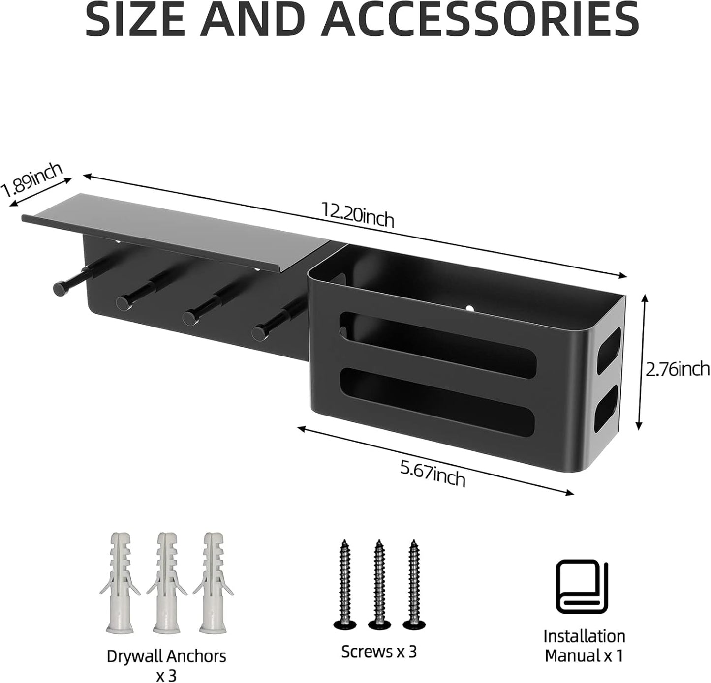 MKO Key Holder for Wall, Mail Organizer Key Rack with Tray, Key Holder Adhesive Wall Mount, 4 Hooks(Black)