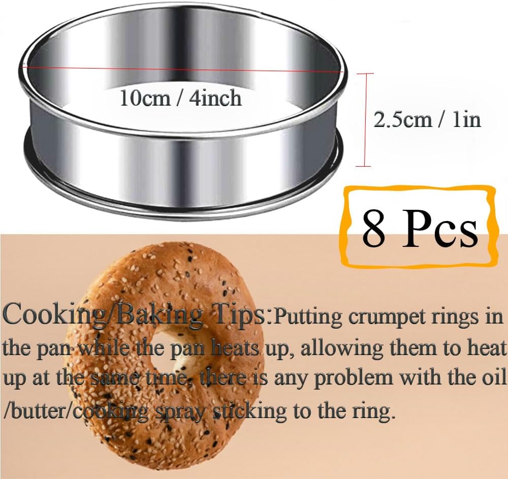 8-Pieces English Muffin Rings 4 Inch Crumpet Rings Stainless Steel Double Rolled Nonstick Metal Round Tart Ring Molds for Cookie Cooking Baking
