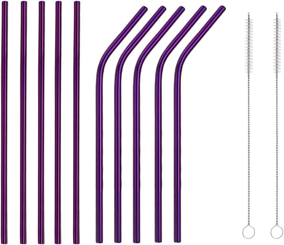 10 Pcs Stainless Steel Straws, Reusable Drinking Straws, 5 Straight + 5 Bent Metal Straws Set With 2 Pcs Cleaning Brushes (Purple, 8.5 Inch)