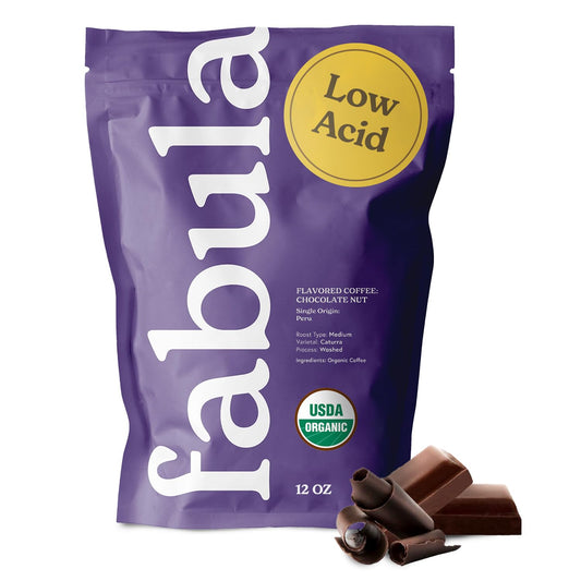 Fabula Chocolate Nut Flavored Organic Coffee Freshly Ground - Organic - Low Acid - Single Origin - Non-GMO - Mold Free - 12 Ounces