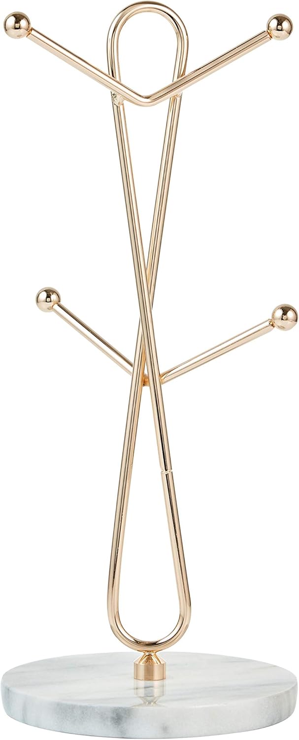 JEmarble Mug Holders with Copper Plated Standing - White Countertop Mug Tree, Coffee & Tea Cup Storage Rack, Coffee Counter Bar Accessory & Kitchen Organizer