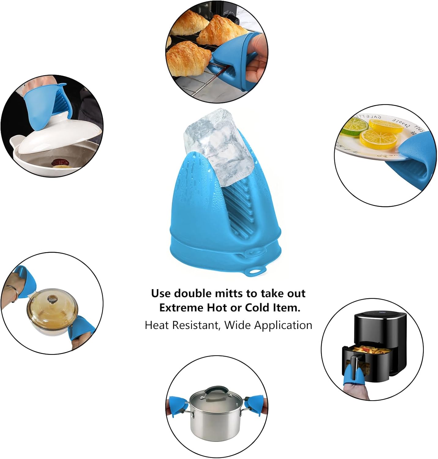 3 Pairs Oven Mitts Silicone Pot Holders Set Heat Resistant for Kitchen - Mini Silicone Oven Gloves Small Mittens Short Grips for Cooking & Baking, Blue