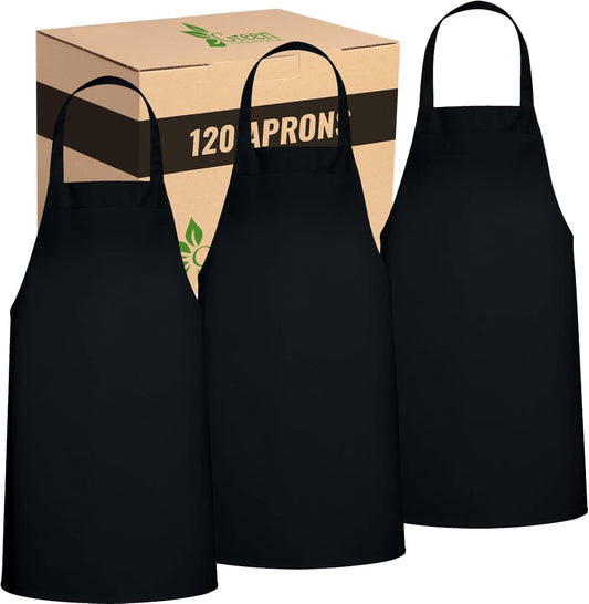 GREEN LIFESTYLE 120 Pack Bib Aprons - Unisex Machine Washable Kitchen BBQ Aprons Bulk (Pack of 120, No Pockets, Black)