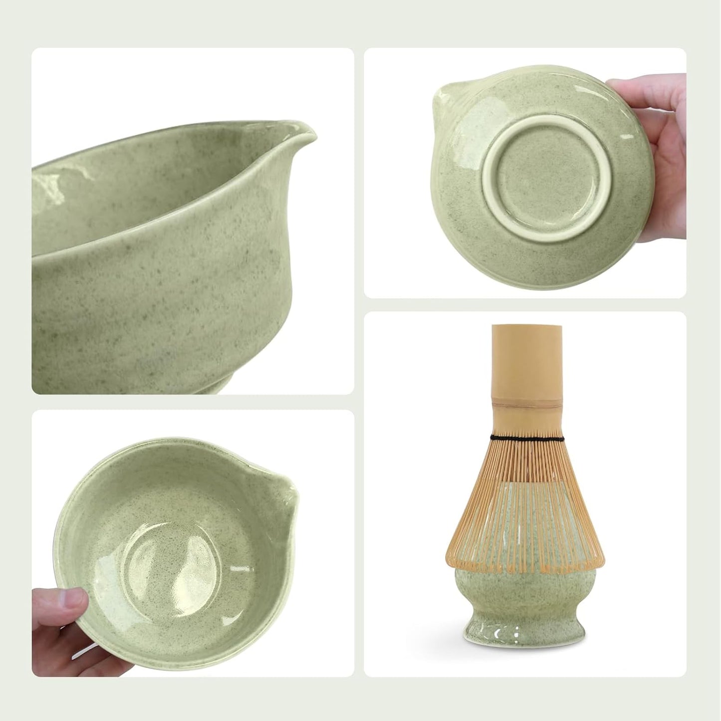 Green Matcha Whisk Making Set - Japanese Tea Kit with Whisk Bowl and Bamboo Scoop Ceramic Chawan with Spout for Traditional Tea Ceremony Complete Matcha Making Tools Gift for Tea Lovers (Green, 7 PCS)