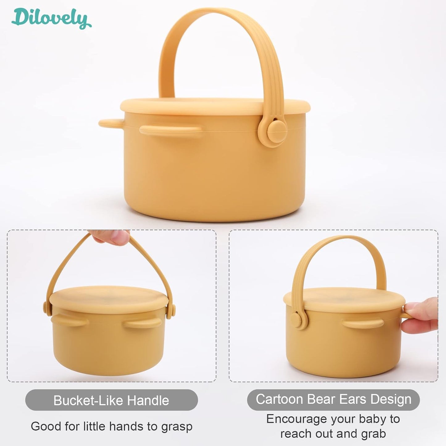 Snack Cups for Toddlers, Baby Snack Containers, Silicone Toddler Snack Cups No Spill, Food Catcher with Lid & Bucket-like Handle, BPA Free & Dishwasher Safe, 9 Ounce Mustard