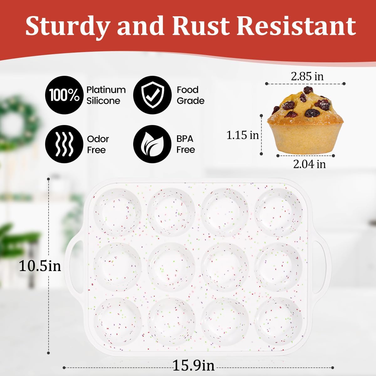 CAKETIME Silicone Muffin Pan with Metal Frame, Metal Reinforced Frame Regular Size Cupcake Pan with Handle 12 Cups Nonstick Muffin Pan for Baking BPA Free 2 Pack