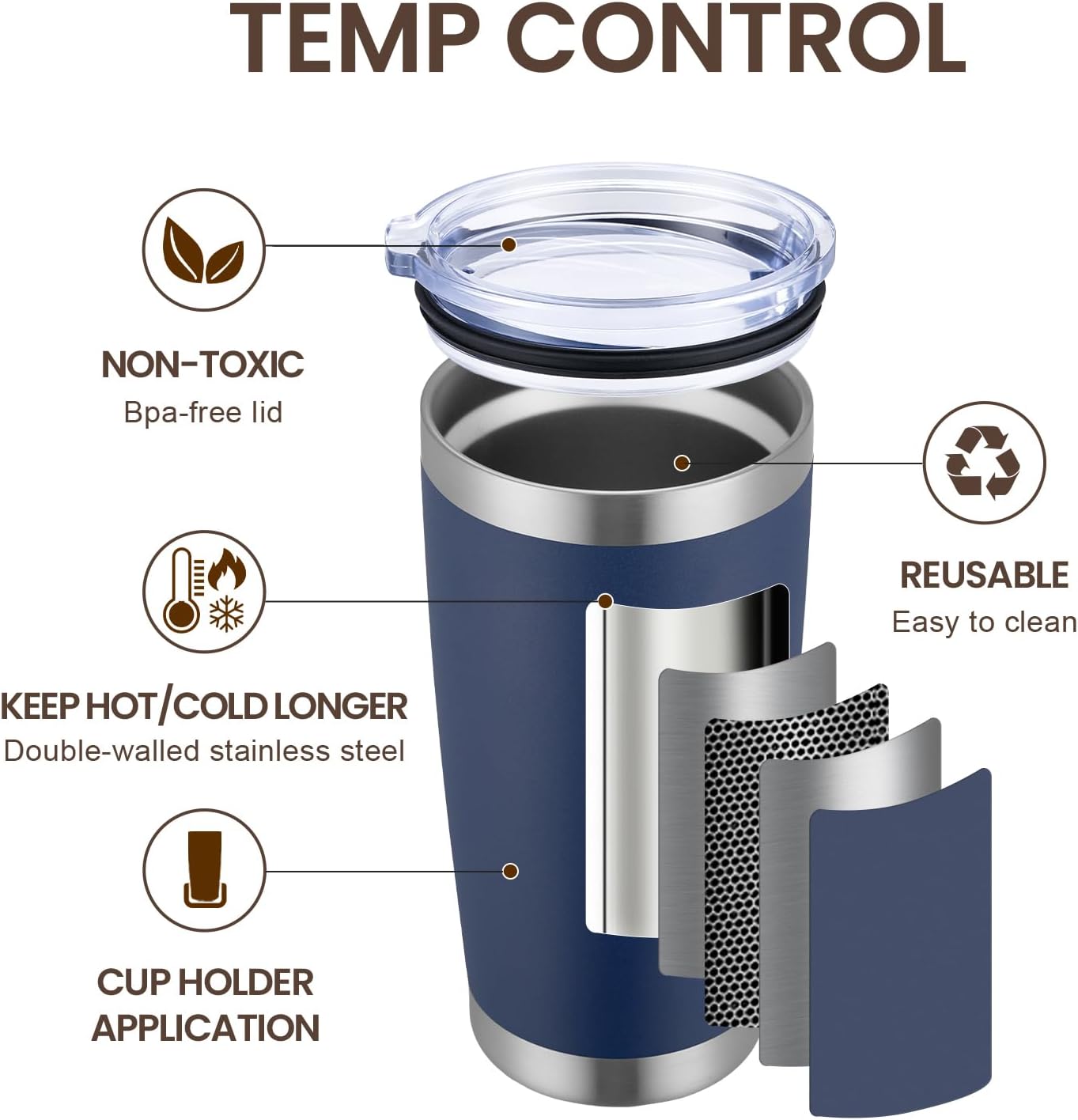 MEWAY 20oz Tumbler 8 Pack Double Wall Vacuum Insulated Travel Mug Bulk, Stainless Steel Tumblers with Lid and Straw, Durable Powder Coated Coffee Cups for Cold & Hot Drinks (Navy, 8)