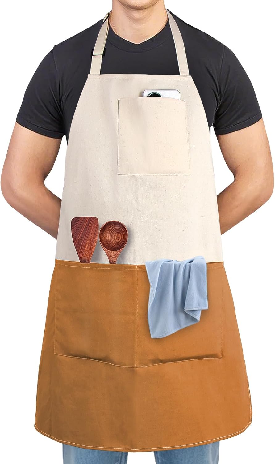 Chef Apron Unisex Two-Tone Professional Kitchen Bib Apron with 2 Pockets Cooking, Grilling, and Baking Gift