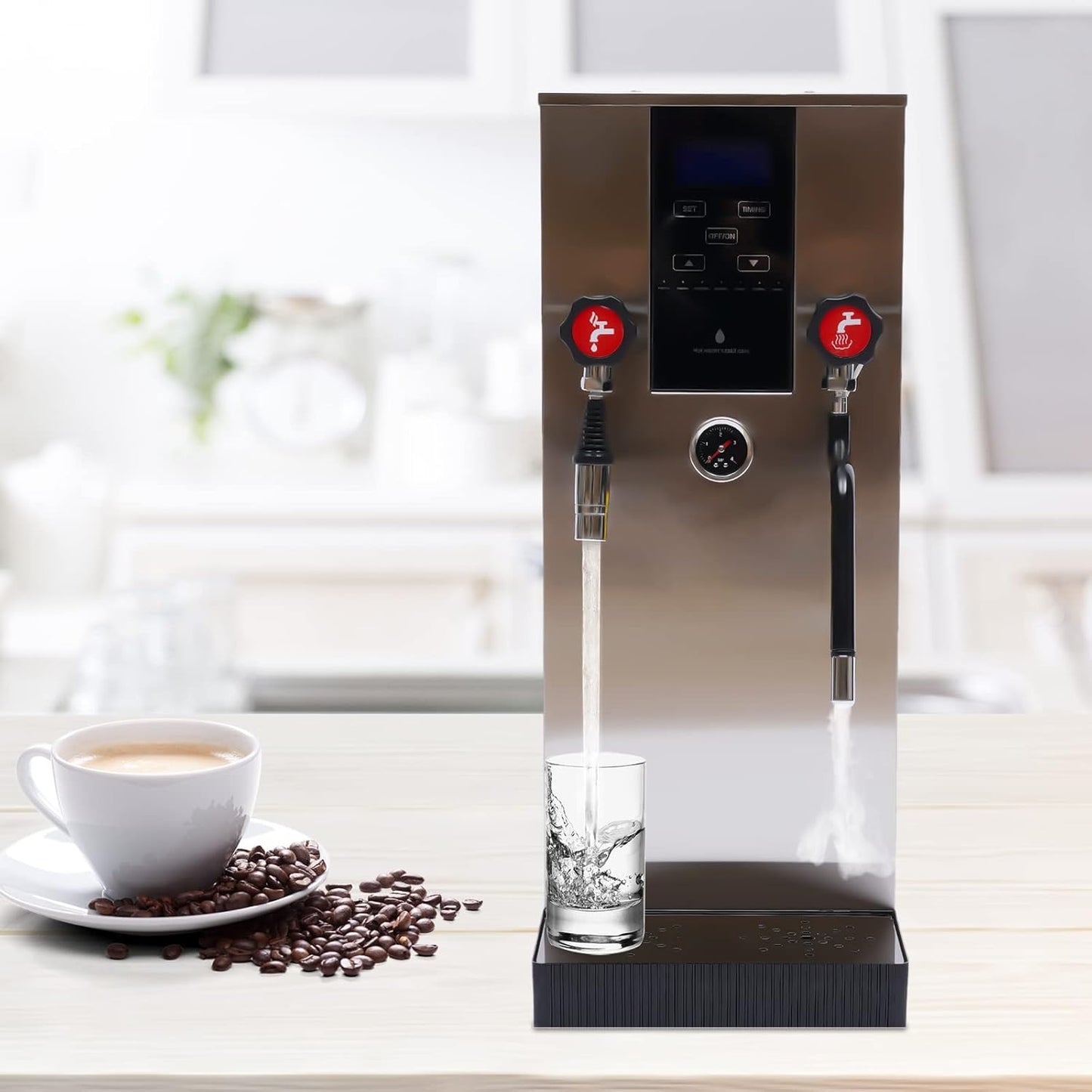 4 in 1 Commercial Espresso Machine 12L Commercial Milk Frother Boiling Water Milk Steam Milk Frothr Coffee Milk Foam Machine Steamer with LED Display for Coffee Tea Shop