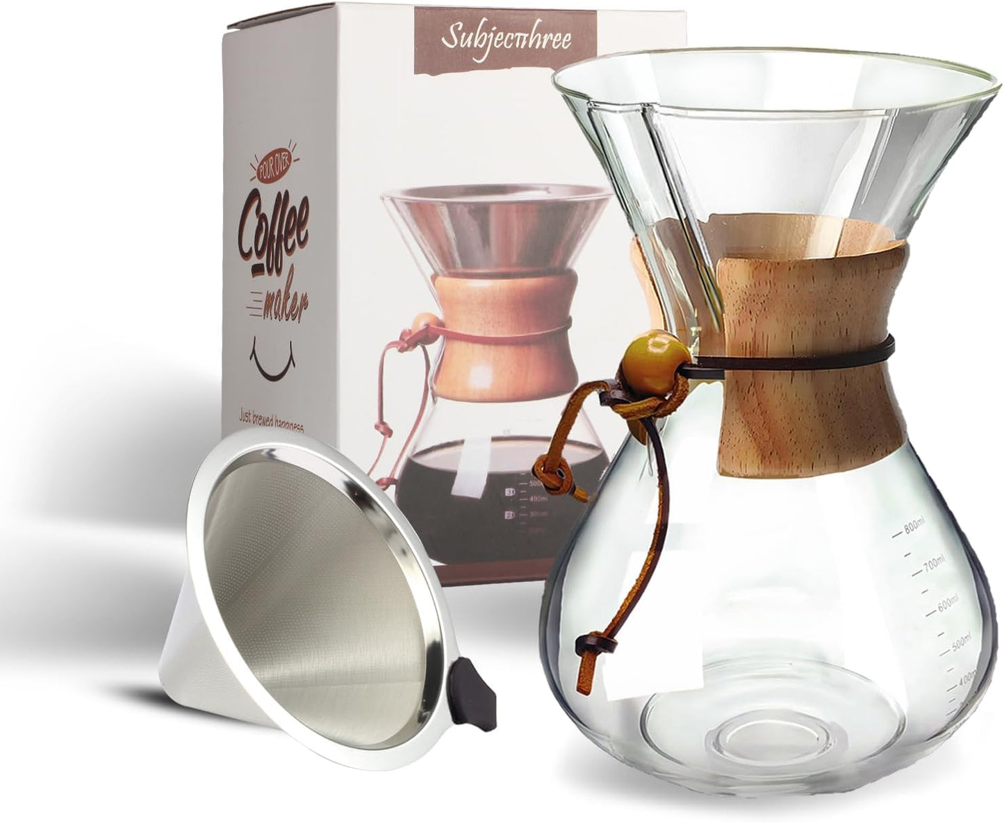 Subjectthree Coffee Pour Over 8 Cup Coffee Maker Glass Coffee Dripper Carafe Pot with Filter for Home Office Camping Easy Clean (8 Cup/28 oz)