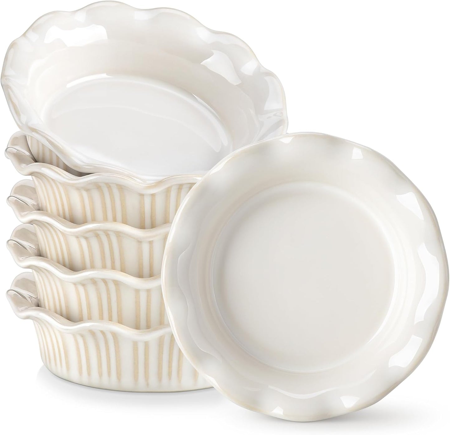 vancasso Mini Pie Pans Set of 6, 5.2 Inch Ceramic Deep Dish Pie Plates with Ruffled Edge for Baking, Microwave & Oven Safe, White