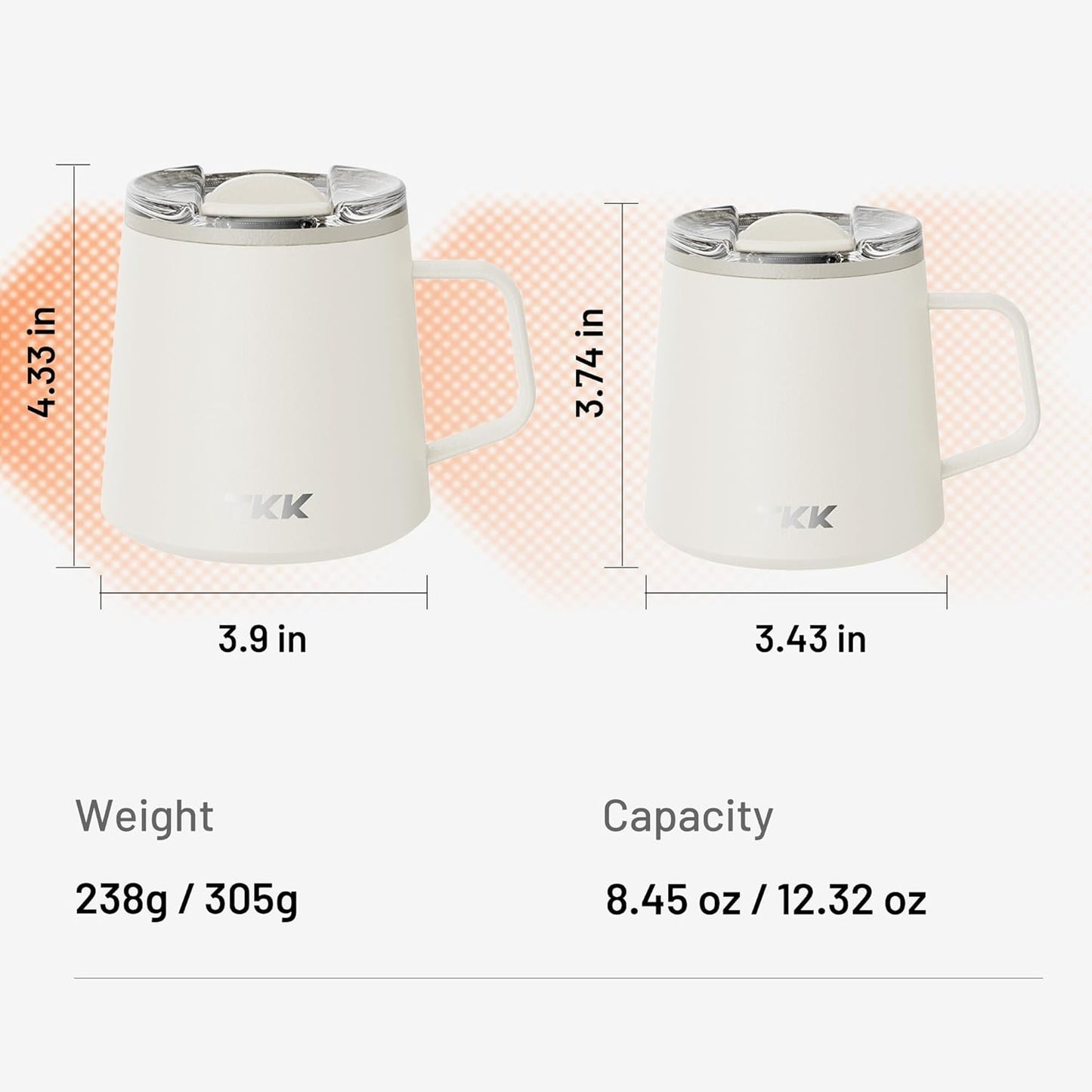 TKK 12 oz Insulated Coffee Mug with Handle Ceramic Coating Detachable Slider Lid Stainless Steel Tumbler Double Wall Vacuum Travel Cup