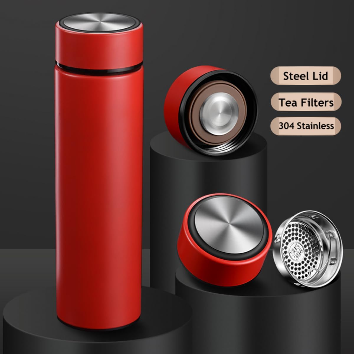 Insulated Water Bottles- Vacuum Tumbler for Coffee, Tea and Drinks with Stainless Steel Infuser - 15 oz Tea Thermo Travel Bottle/Keeps Drinks Hot or Cold for Hours/Gift Packing (Red)