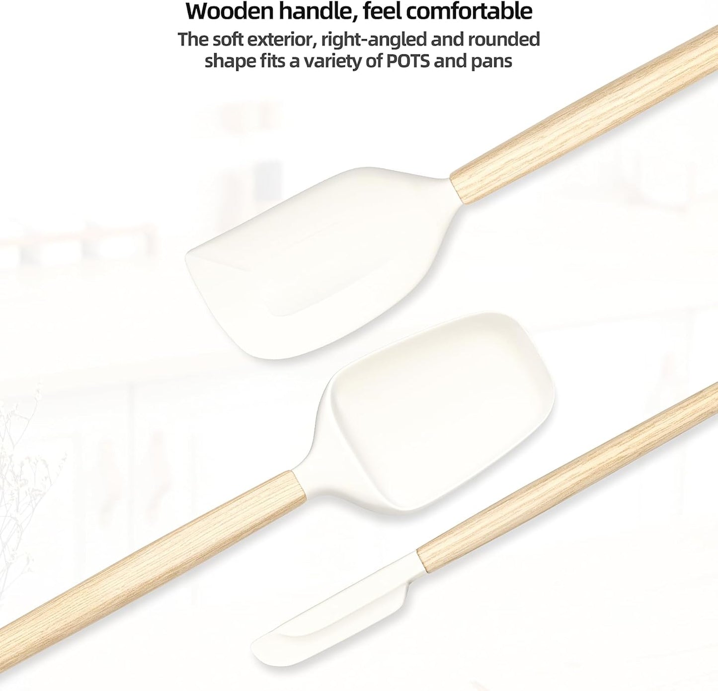 Wooden Handle Silicone Rubber Spatula Set for Kitchen Baking, Cooking, and Mixing High Heat Resistant Non Stick Dishwasher Safe BPA-Free Black+blue Set of 2 (Wooden Handle Spatula 4Piece)