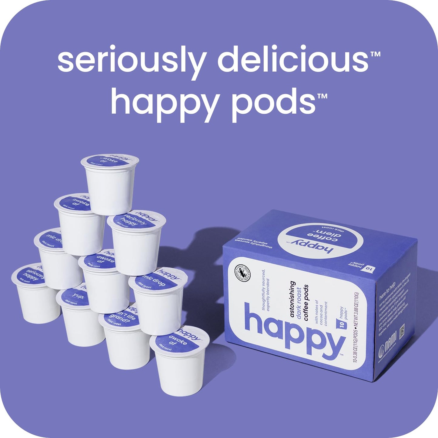 happy coffee dark roast coffee pods, 10 count, notes of cocoa & contentment, compatible with most K-cup brewers, rainforest alliance certified